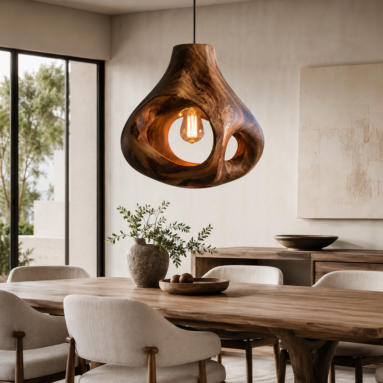 Sculptural Wood Pendant Light – Handcrafted Wooden Ceiling Lamp for Living Room Decor