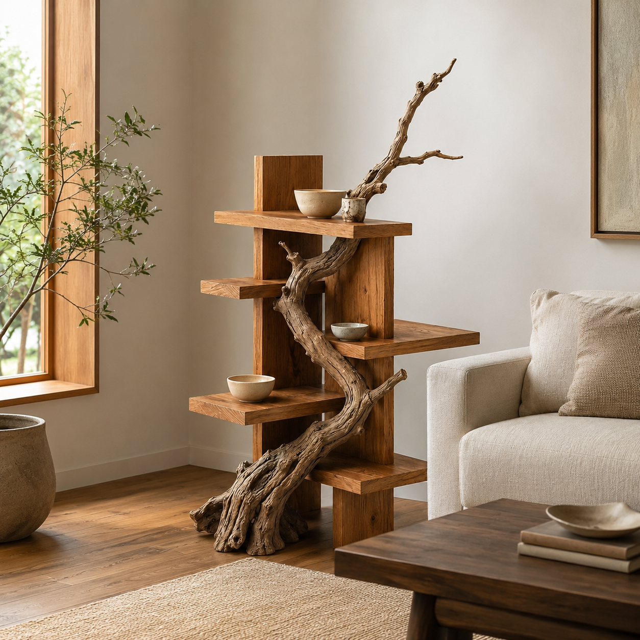 Branch Wood Display Shelf – Solid Wood Standing Shelf with Natural Driftwood Accent