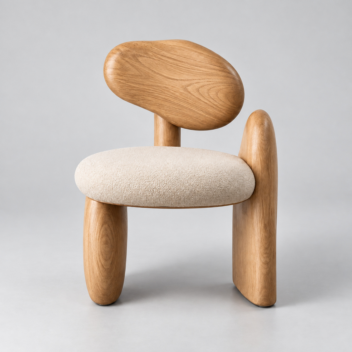 Sculptural Wood Back Bouclé Accent Chair