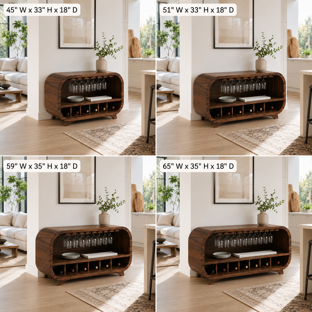 Curved Wood Bar Cabinet – Solid Wood Wine Storage Cabinet with Glass Holder for Living Room Decor