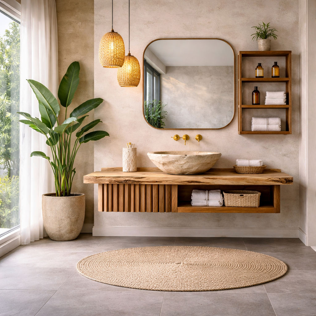 Bathroom Vanity – Modern Wooden Vanity with Mirror and Floating Shelves