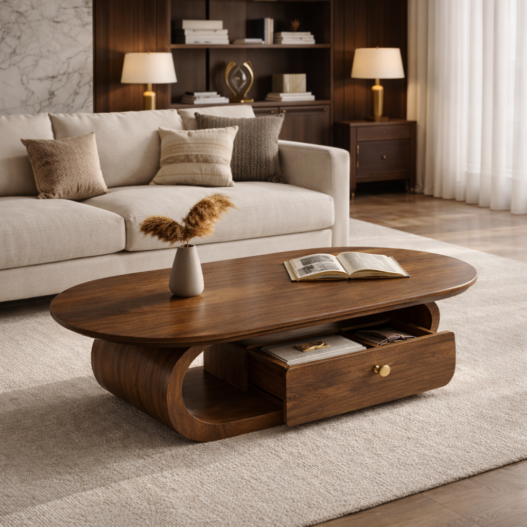 Solid Wood Coffee Table with Storage Drawer – Modern Rounded Design
