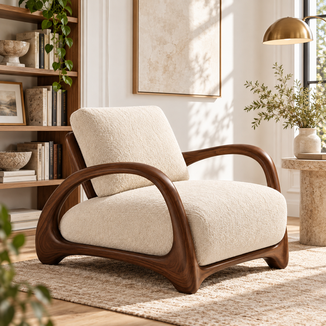 Sculptural Wood Frame Bouclé Lounge Chair Main Image