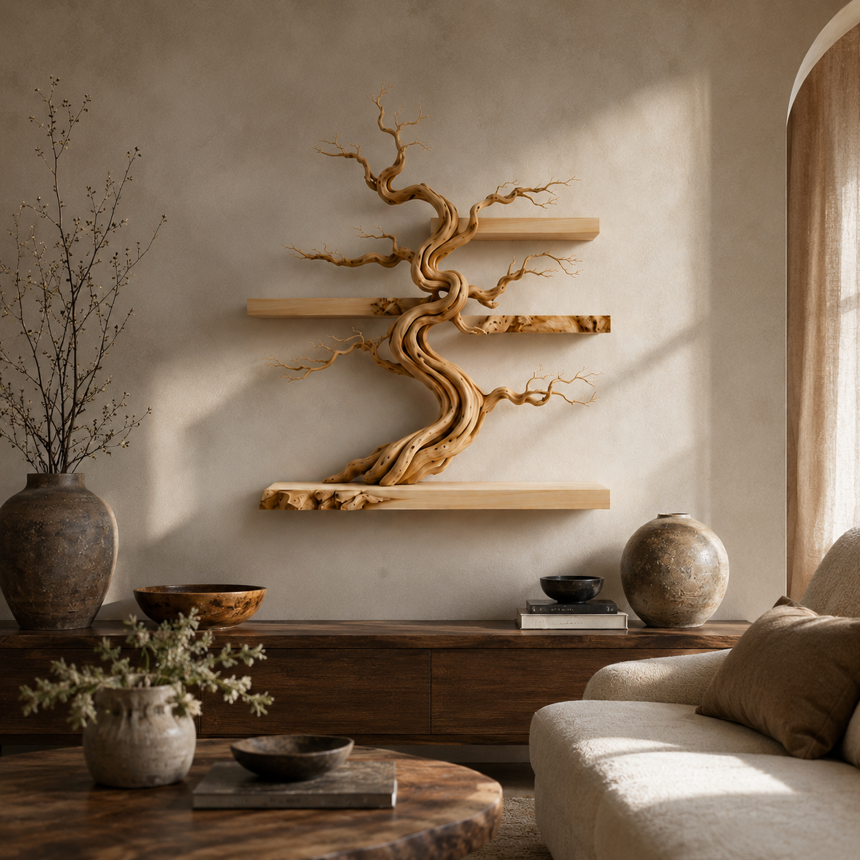 Bonsai Tree Wall Shelf – Wooden Floating Shelf Decor