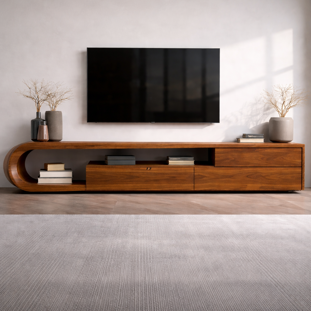 Solid Wood Curved Media Console – Sculptural Low-Profile TV Stand