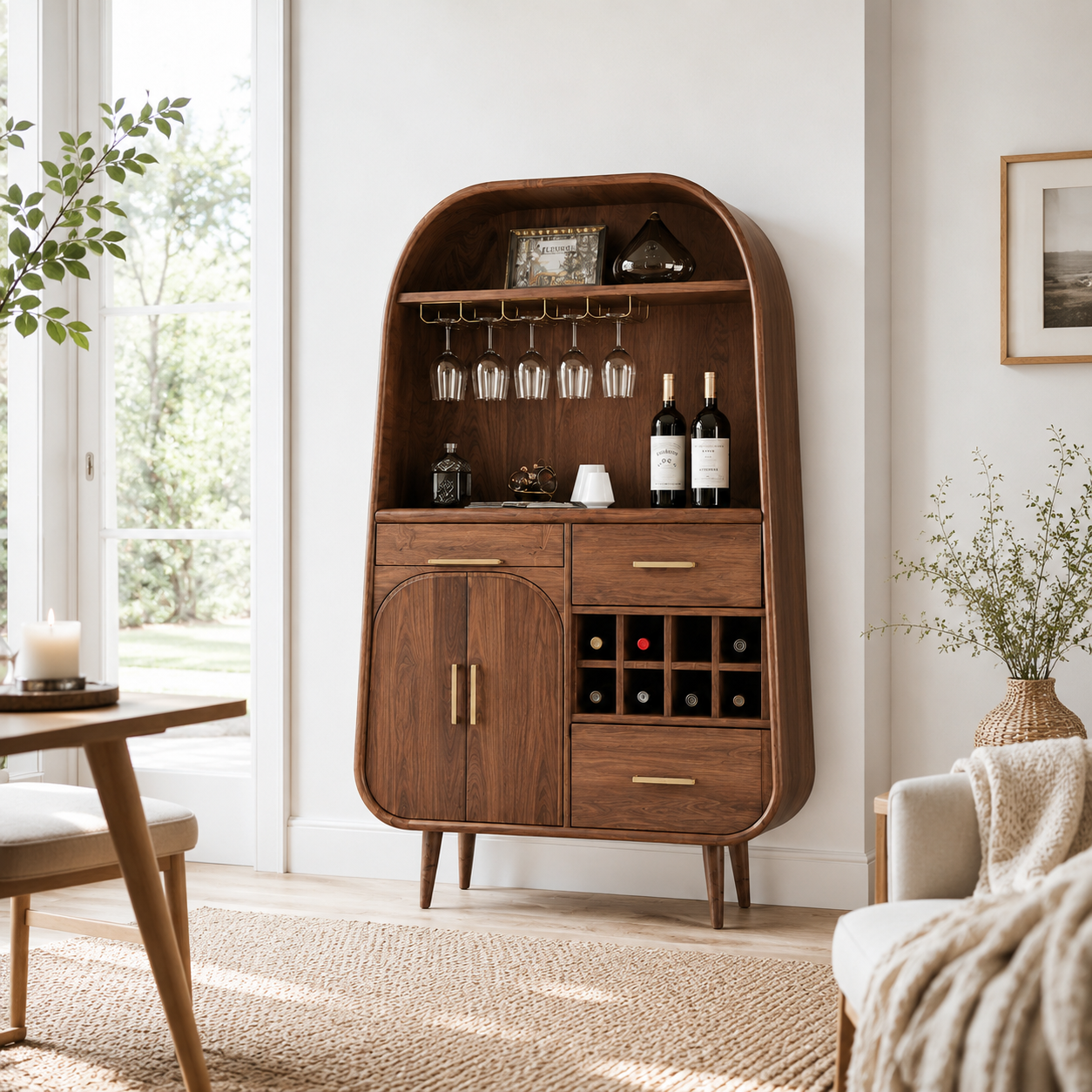 Arched Wood Bar Cabinet – Solid Wood Wine Storage Cabinet for Living Room Decor