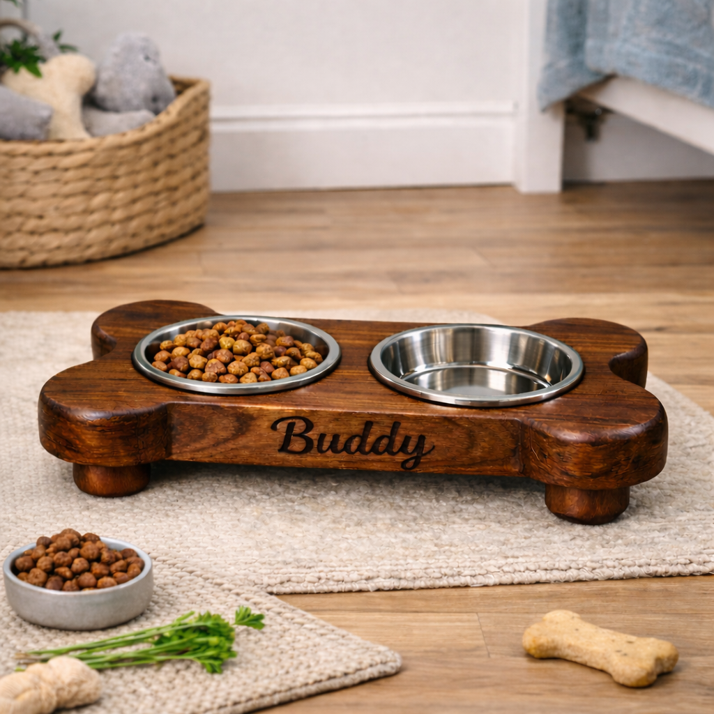 Personalized Wooden Pet Feeding Station – Custom Dog Bowl Stand