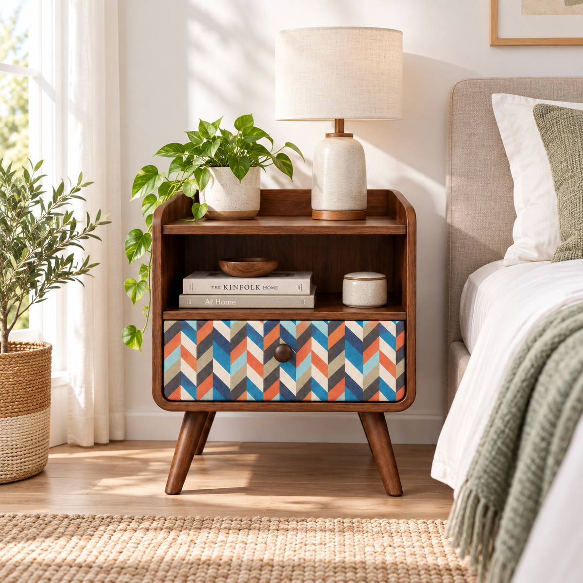 Mid-Century Walnut Nightstand with Geometric Drawer