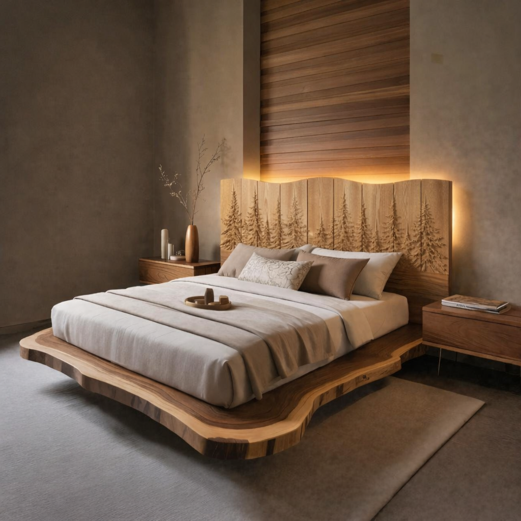 Solid Wood Bed Frame with Hand-Carved Headboard & LED Lighting
