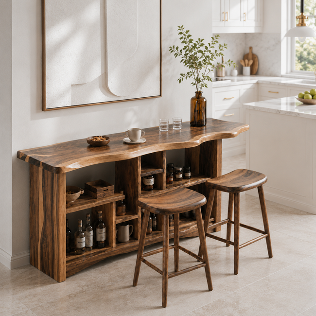 Live Edge Wood Bar Table Set – Solid Wood Home Bar Counter with Stools for Living Room Decor Main Image