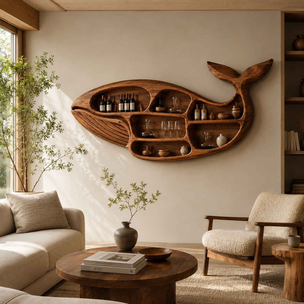 Whale Shaped Wood Wall Shelf – Solid Wood Display Shelf for Dining Room and Home Bar Decor