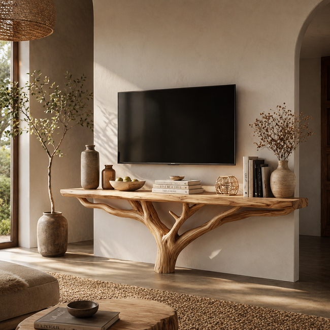 Tree Branch TV Stand – Solid Wood Floating Console for Rustic Living Room Decor Hover Image