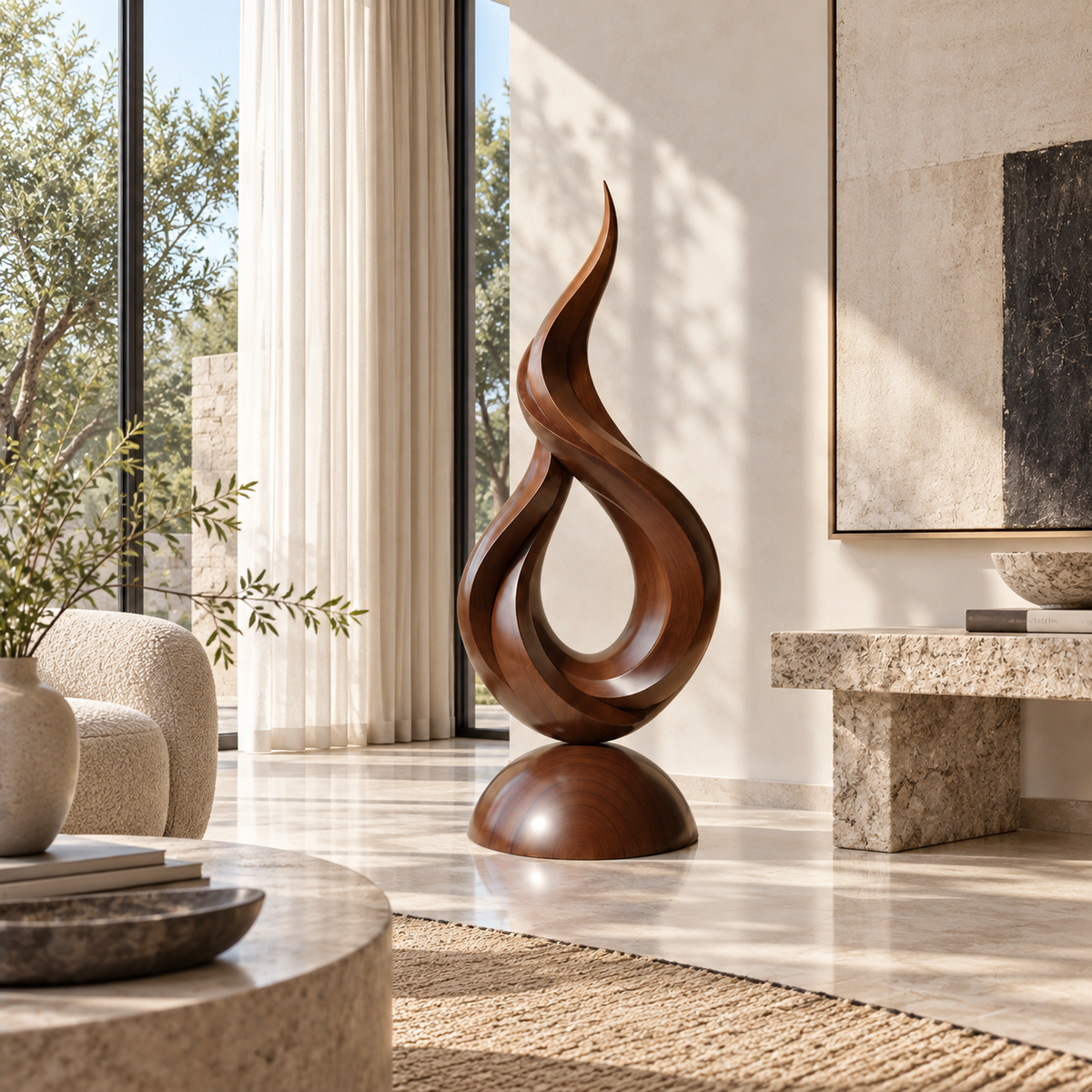 Sculptural Flame Loop Wood Floor Sculpture