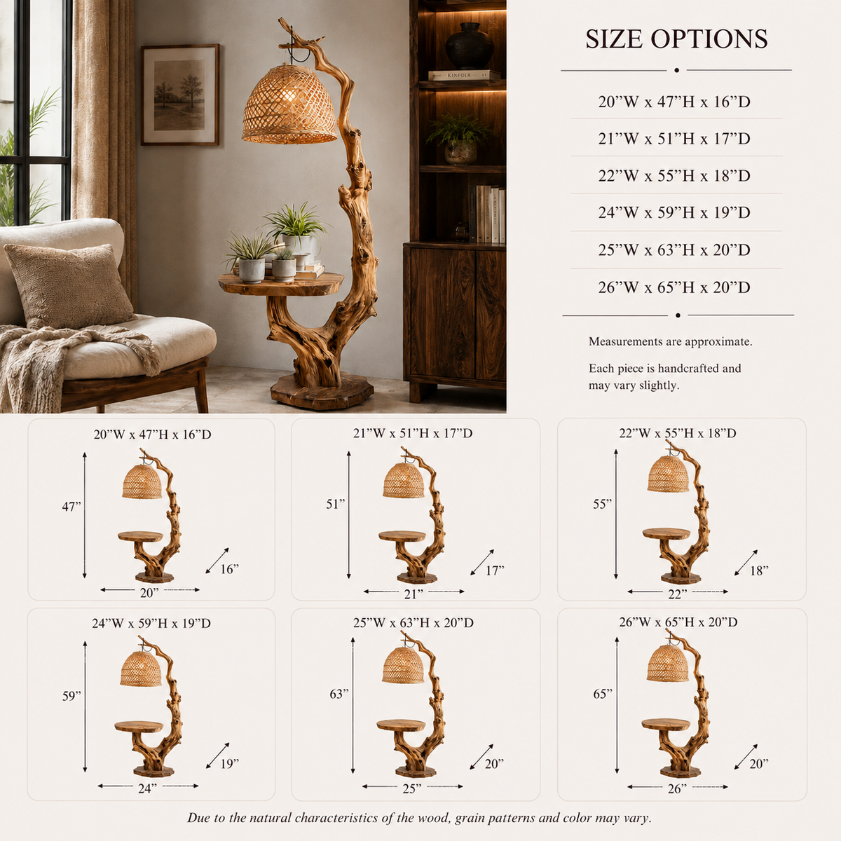 Tree Branch Floor Lamp – Solid Wood Standing Light with Shelf