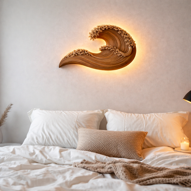 Wave-Inspired Wooden Wall Lamp – Artistic Solid Wood Ambient Lighting Main Image