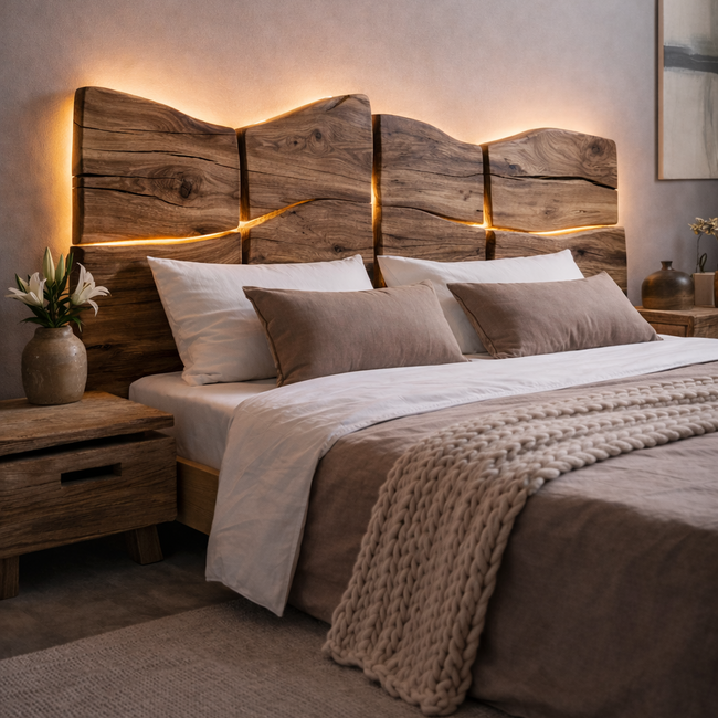 Live Edge Bed Frame – Solid Wood Bed with LED Headboard Hover Image