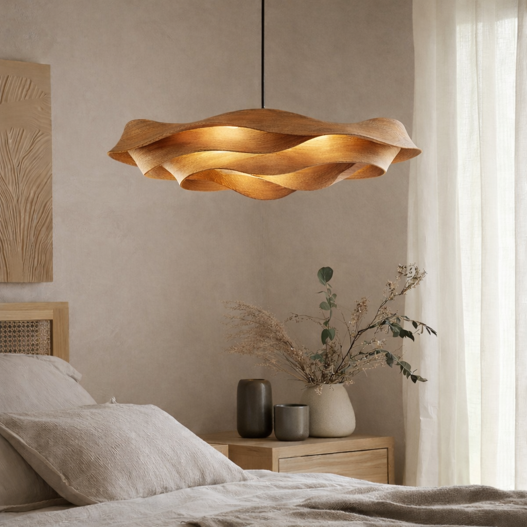 Wave-Inspired Solid Wood Pendant Light – Artistic Ceiling Lighting