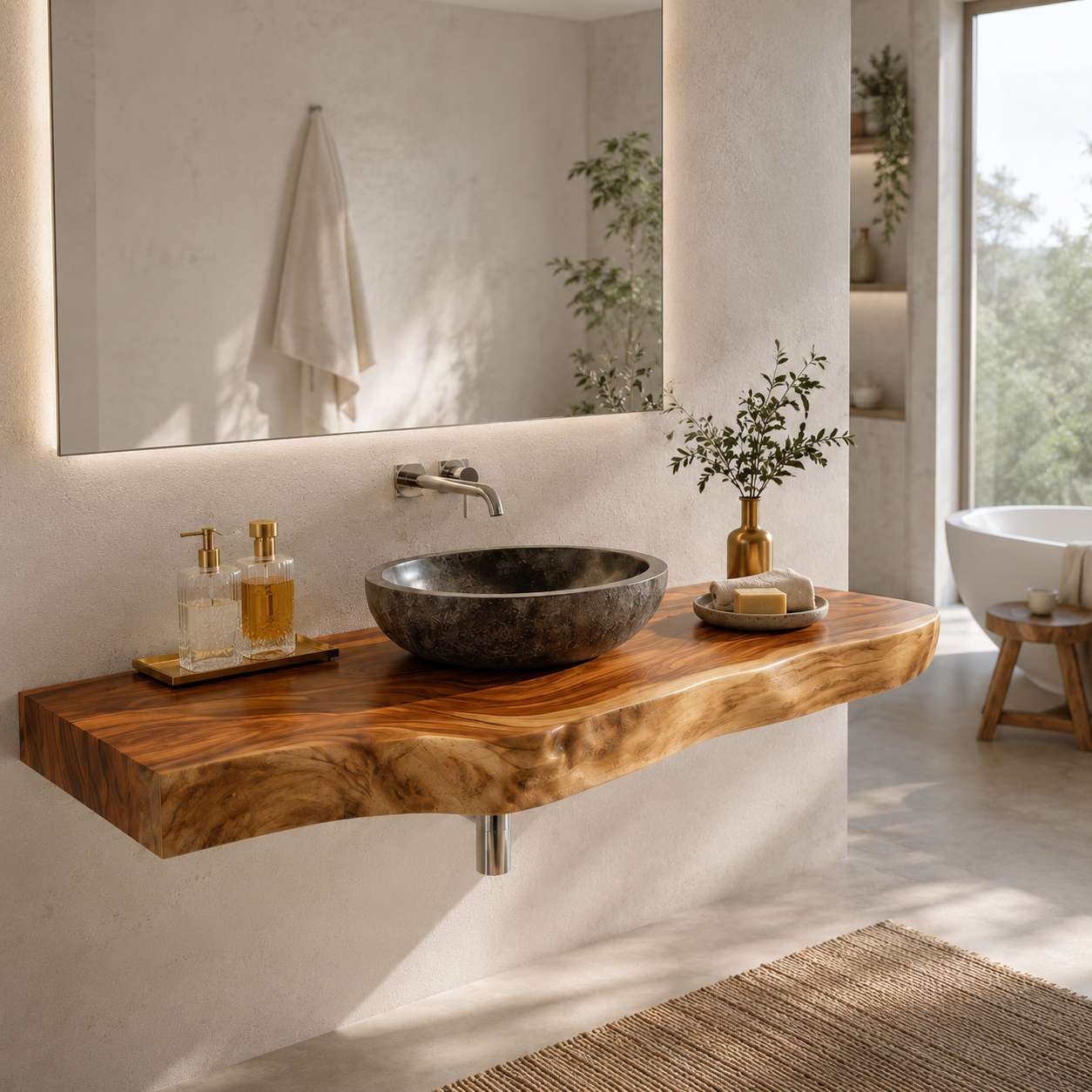 Live Edge Wood Floating Bathroom Vanity – Solid Wood Wall Mounted Sink Console for Bathroom Decor