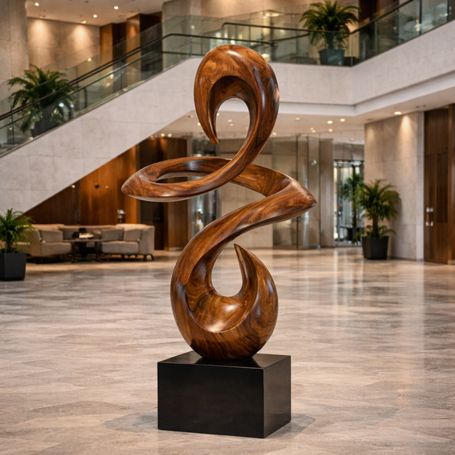 Modern Abstract Wooden Sculpture on Pedestal | Luxury Interior & Lobby Art Statue Main Image