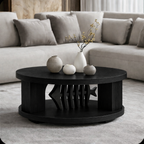 Round Sculptural Walnut Coffee Table with Storage Shelf – Modern Design