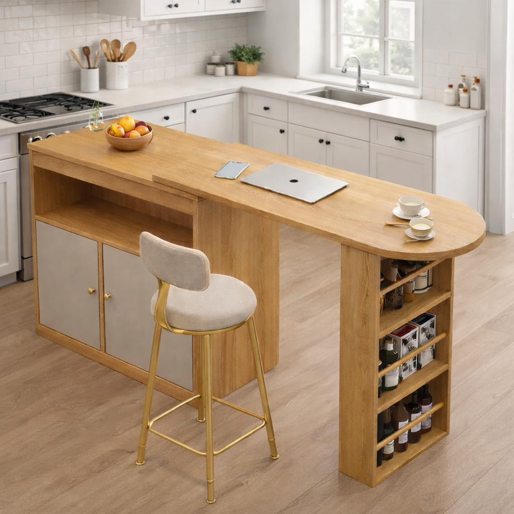 Multi-Functional Wooden Kitchen Island with Storage & Seating | Modern Space-Saving Counter Table