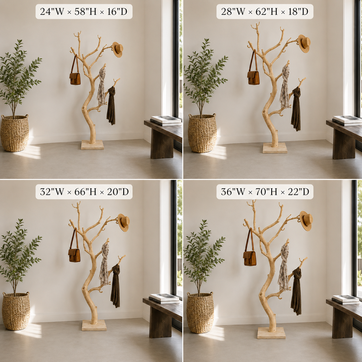 Tree Branch Wood Coat Rack – Solid Wood Entryway Hall Tree with Hooks for Home Decor