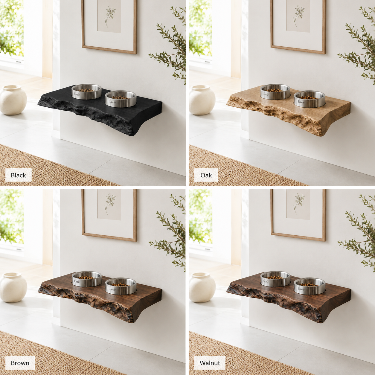 Live Edge Wood Pet Bowl Shelf – Solid Wood Wall Mounted Feeding Station for Home Decor