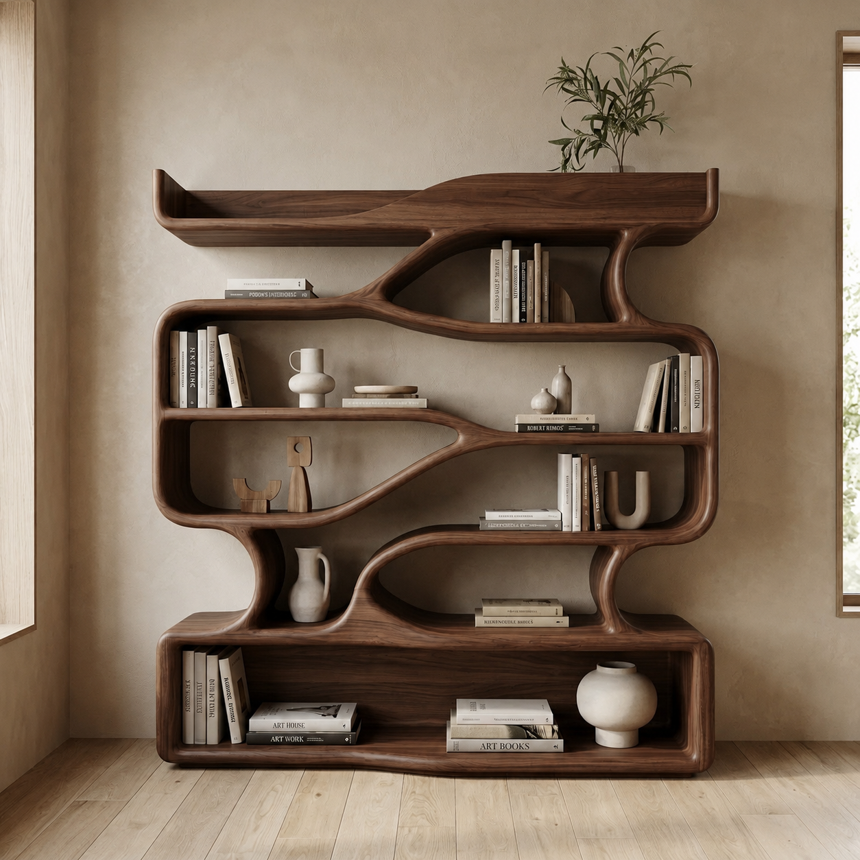 S-Shaped Bookcase – Sculptural Solid Wood Display Shelf
