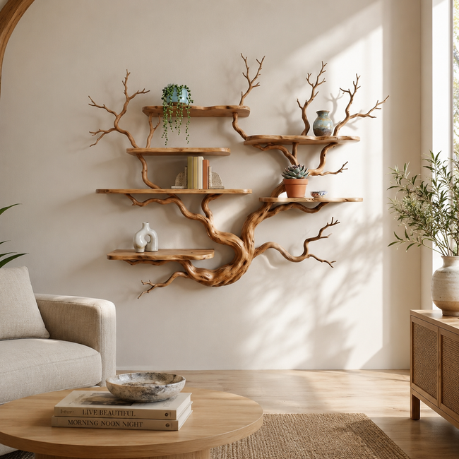 Tree Branch Wall Shelf – Solid Wood Display Shelf for Living Room Hover Image