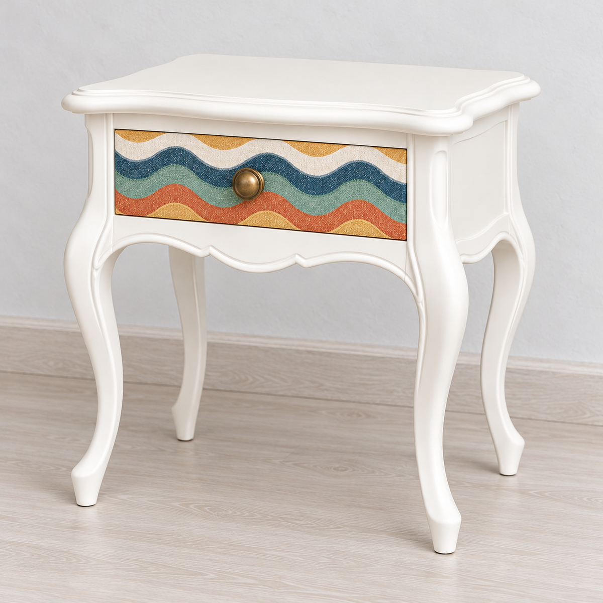 Vintage Curved Leg Nightstand with Patterned Drawer