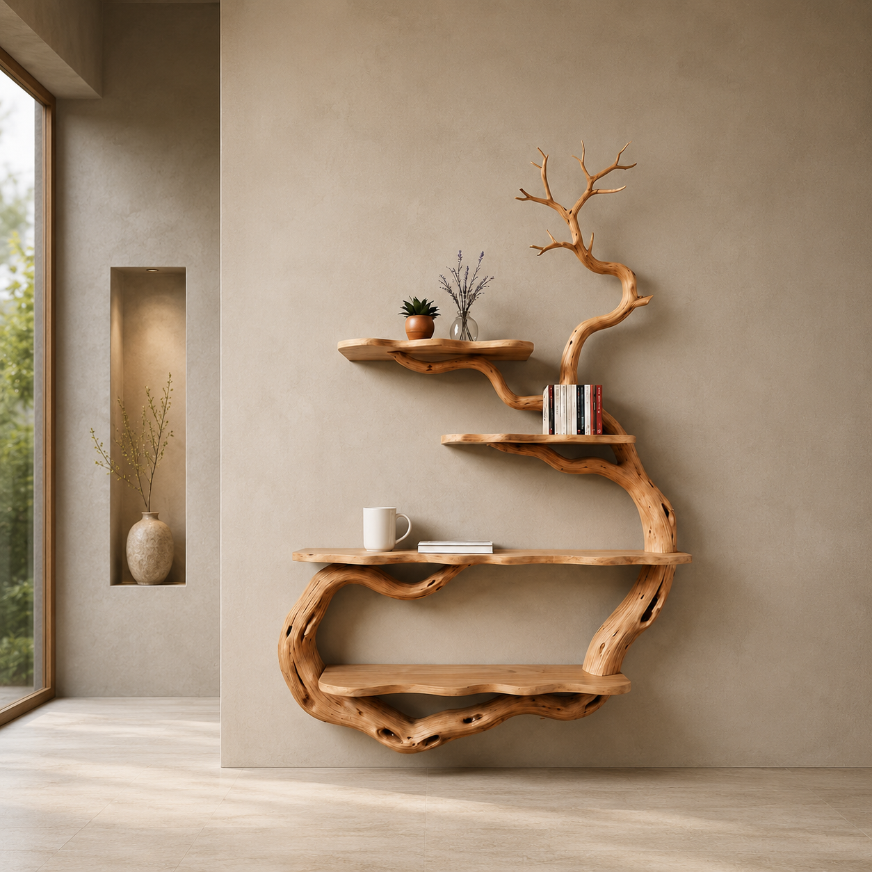 Tree Branch Wall Shelf – Sculptural Solid Wood Display Shelf