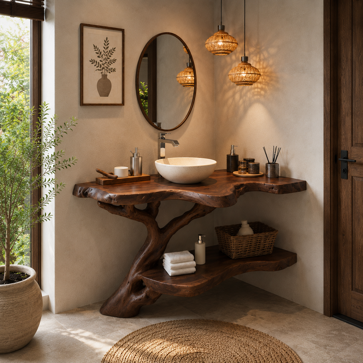 Tree Root Bathroom Vanity Shelf – Handmade Solid Wood Floating Vanity for Organic Luxury Bathrooms