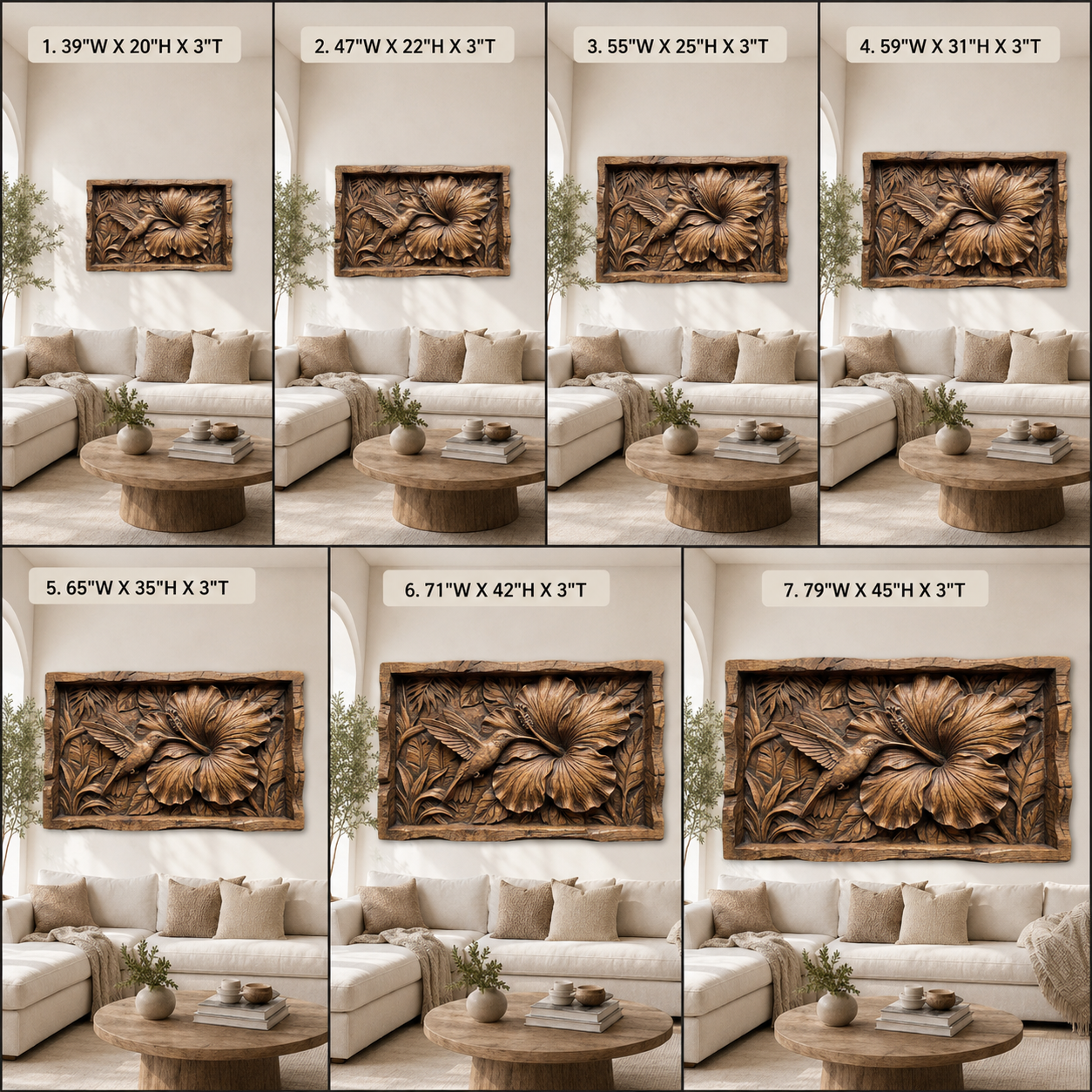 Hummingbird Flower Wood Wall Art – Solid Wood 3D Relief Carving for Home Decor