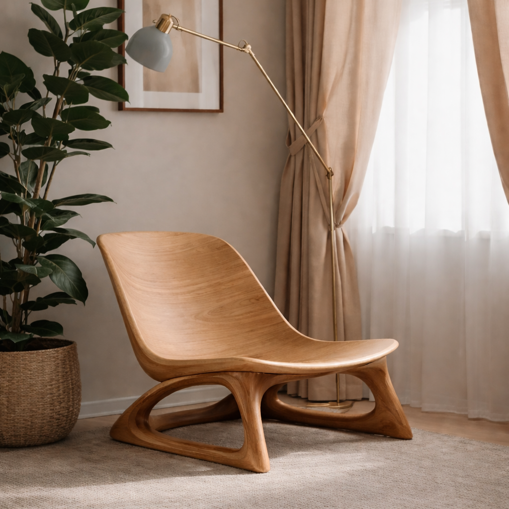 Curved Solid Wood Lounge Chair with Upholstered Seat – Modern Accent Chair