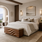 Wave Carved Wood Bedroom Bench – Solid Wood End of Bed Storage Bench with Upholstered Cushion