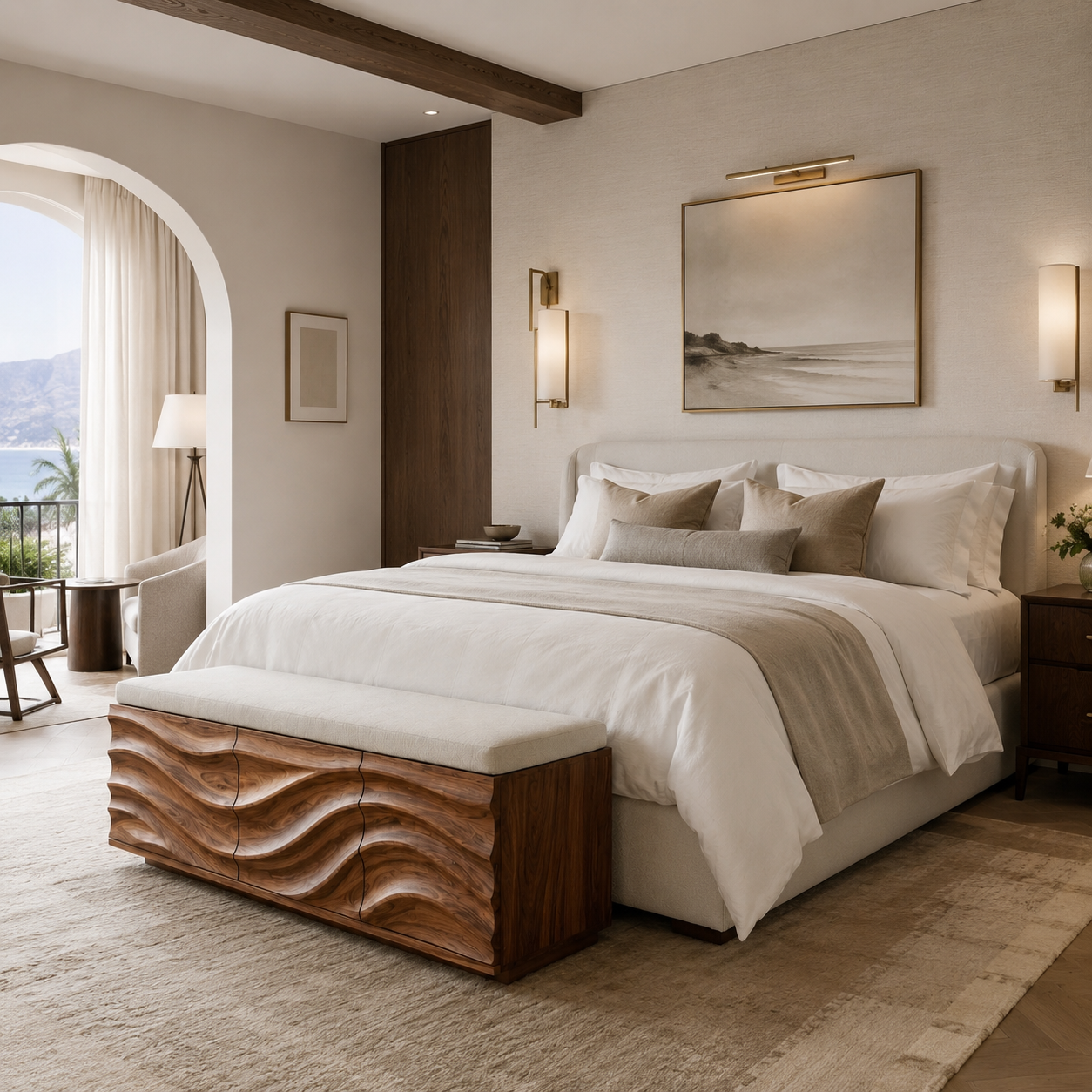 Wave Carved Wood Bedroom Bench – Solid Wood End of Bed Storage Bench with Upholstered Cushion
