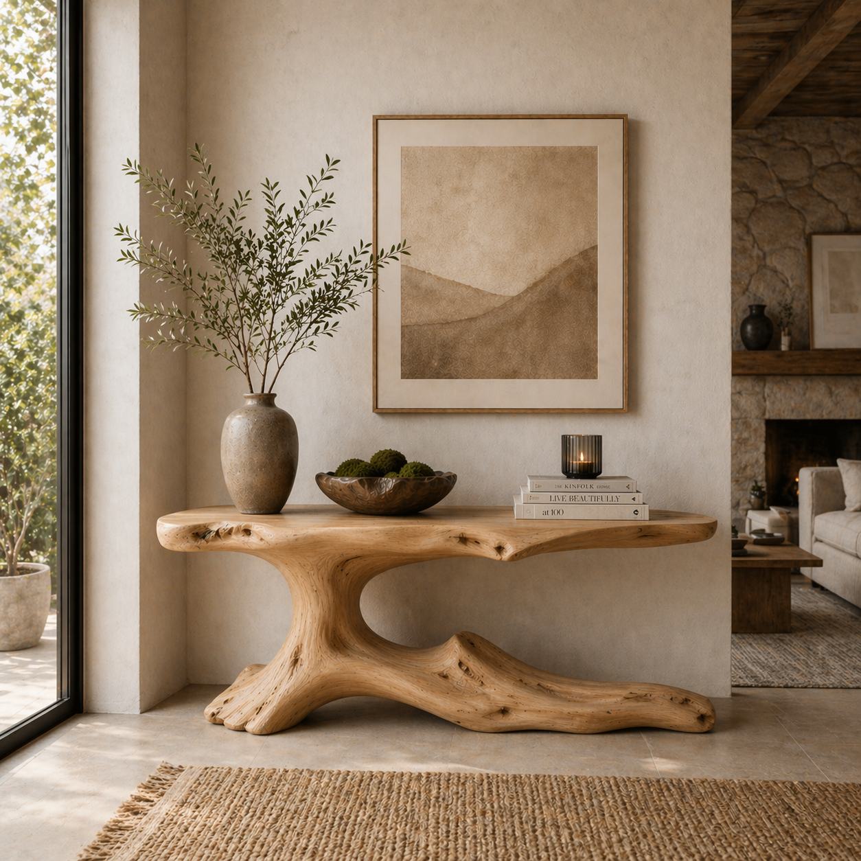Handcrafted Solid Wood Console Table – Sculptural Curved Base Design