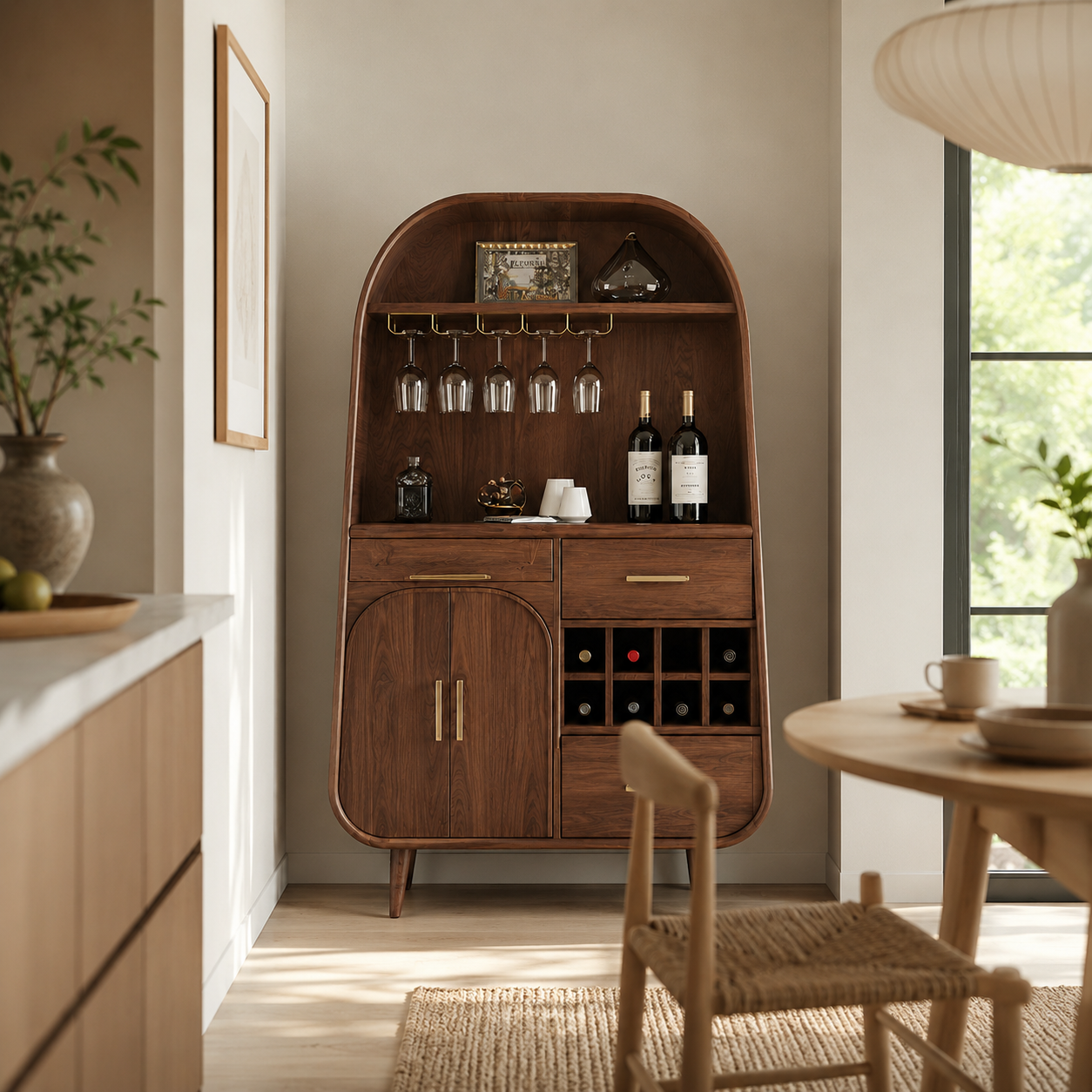 Arched Wood Bar Cabinet – Solid Wood Wine Storage Cabinet for Living Room Decor