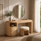Makeup Vanity Table – Solid Wood Vanity with Round Mirror and Stool