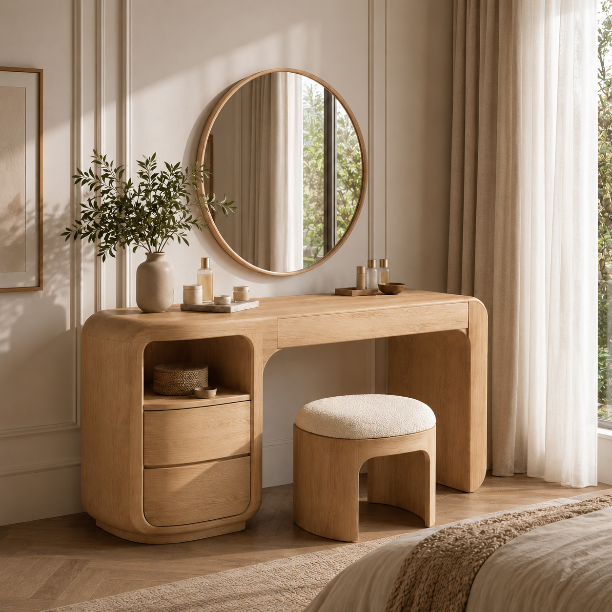 Makeup Vanity Table – Solid Wood Vanity with Round Mirror and Stool