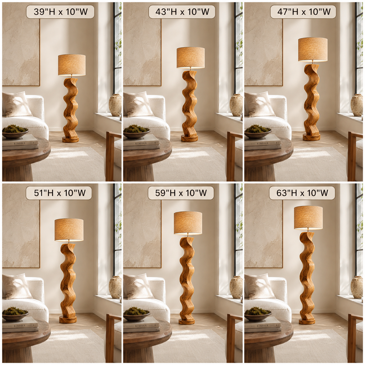Sculptural Wood Floor Lamp – Solid Wood Wavy Standing Lamp with Fabric Shade for Living Room Decor