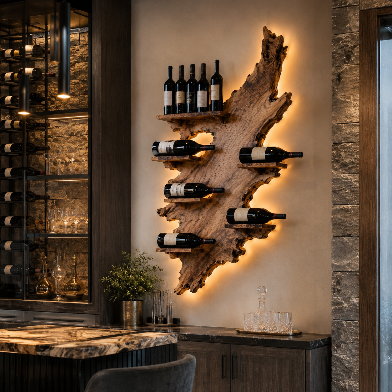 Live Edge Wood Wine Rack – Solid Wood Backlit Bottle Display Shelf for Kitchen Decor