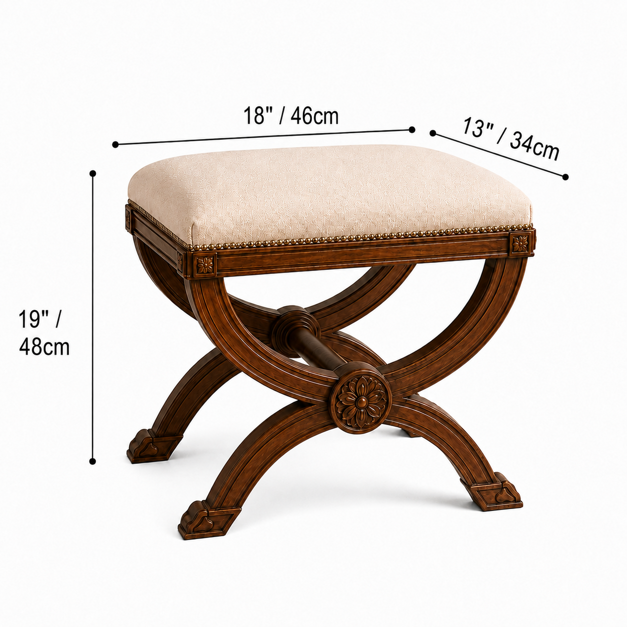 Classic Carved Wood Vanity Table with X-Frame Stool