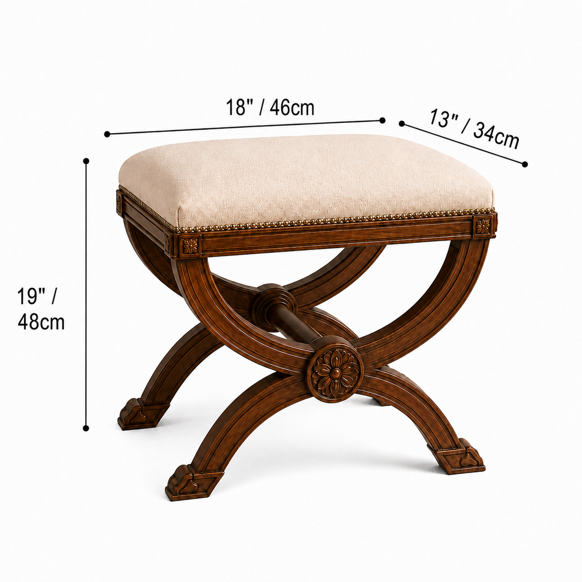 Classic Carved Wood Vanity Table with X-Frame Stool