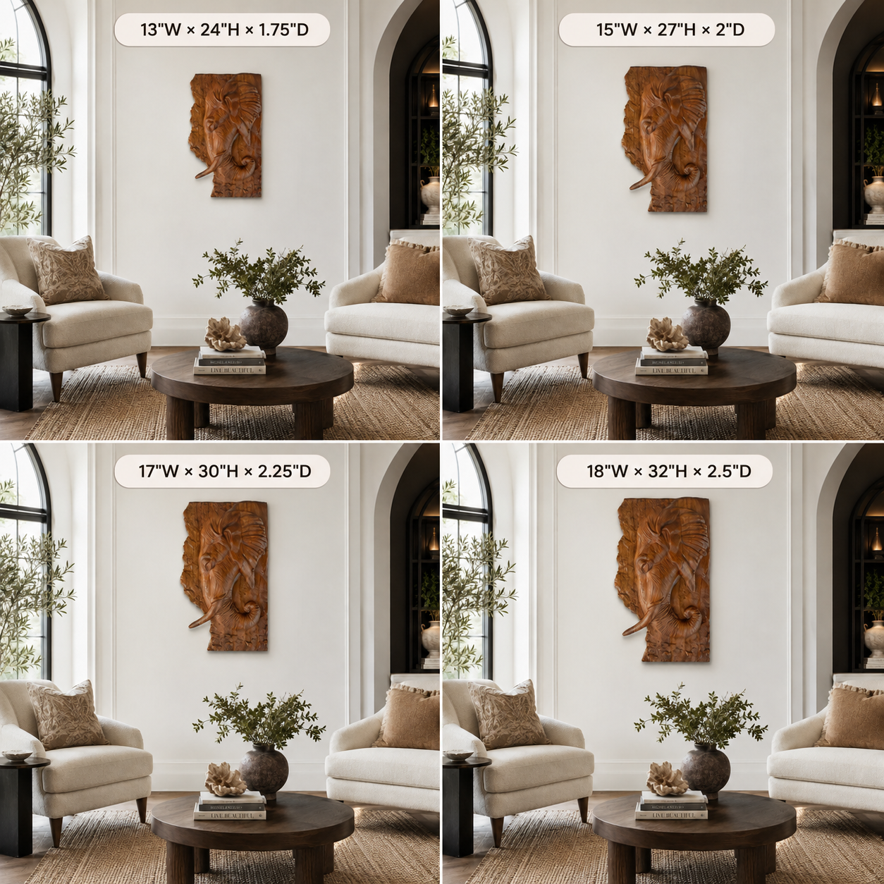 Elephant Wood Wall Art – Solid Wood 3D Relief Carving for Living Room Decor