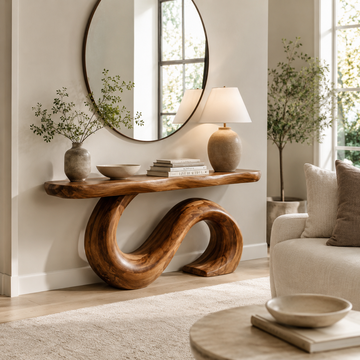 Sculptural Wave Loop Wood Console Table