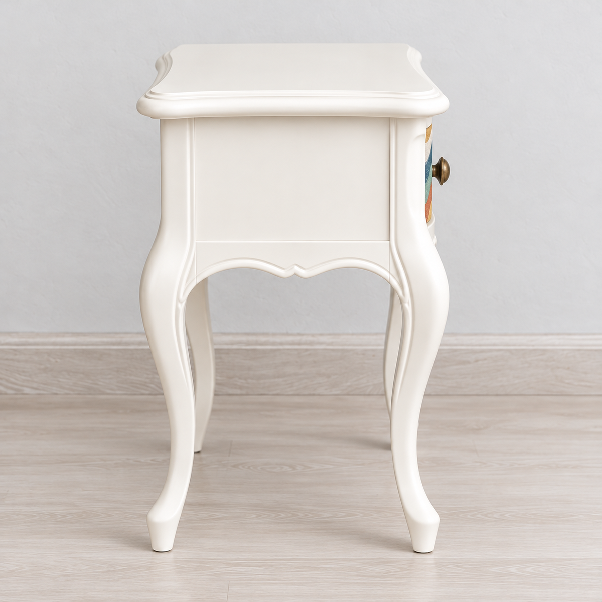 Vintage Curved Leg Nightstand with Patterned Drawer