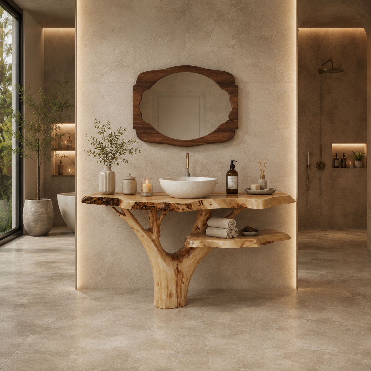 Tree Trunk Bathroom Vanity Wood Base – Handmade Solid Wood Vanity Frame for Luxury Bathroom Decor