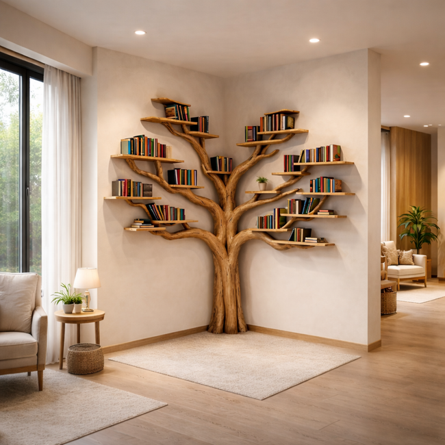 Tree Corner Wall Shelf with Bench | Wooden Tree Bookshelf Decor Main Image