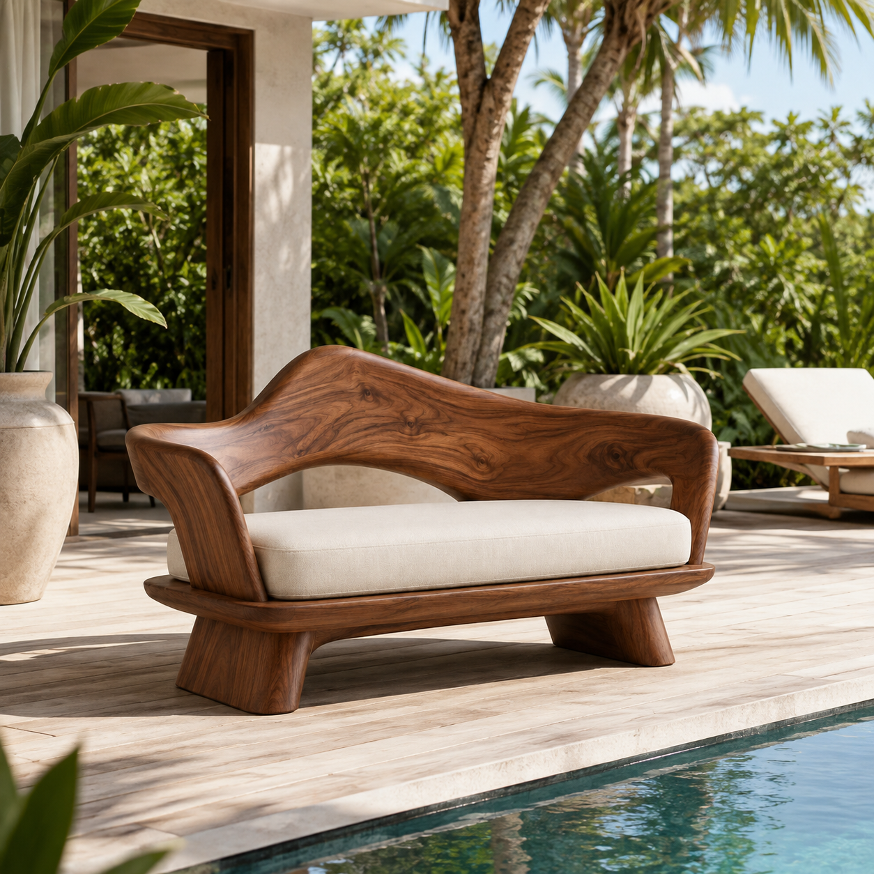 Sculptural Curved Back Wood Bench